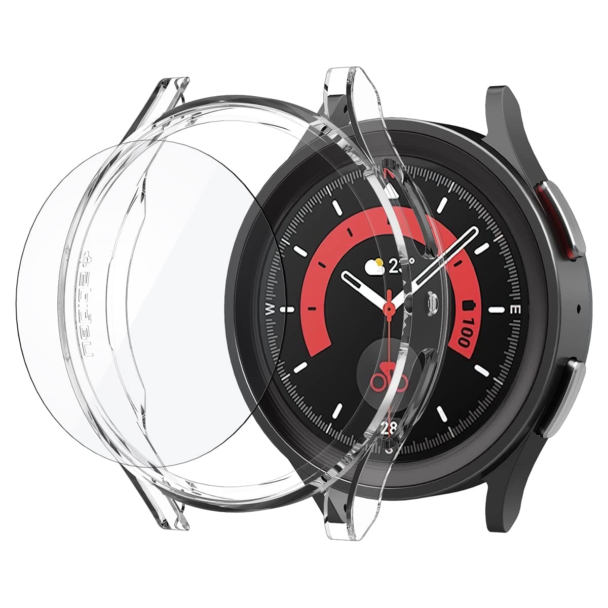 Комплект качествен твърд кейс и стъклено защитно покритие за Samsung Galaxy Watch 5 Pro - Spigen Thin Fit Glass Case (прозрачен)