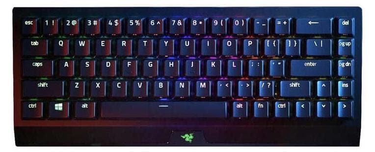 Клавиатура Razer BlackWidow V3 Mini (RZ03-03890100-R3M1), безжична, гейминг, механична, жълти Razer Linear суичове, US подредба, черна, Bluetooth, USB