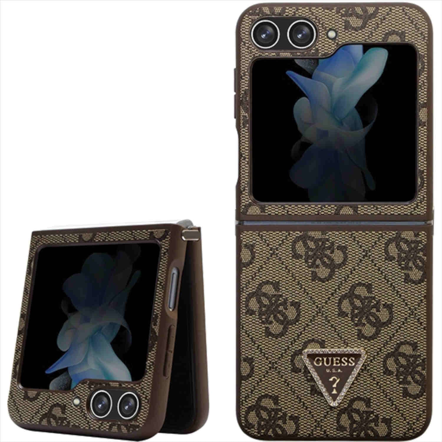 Дизайнерски кожен кейс за Samsung Galaxy Z Flip5 - Guess 4G Triangle PU Leather Hard Case (кафяв)