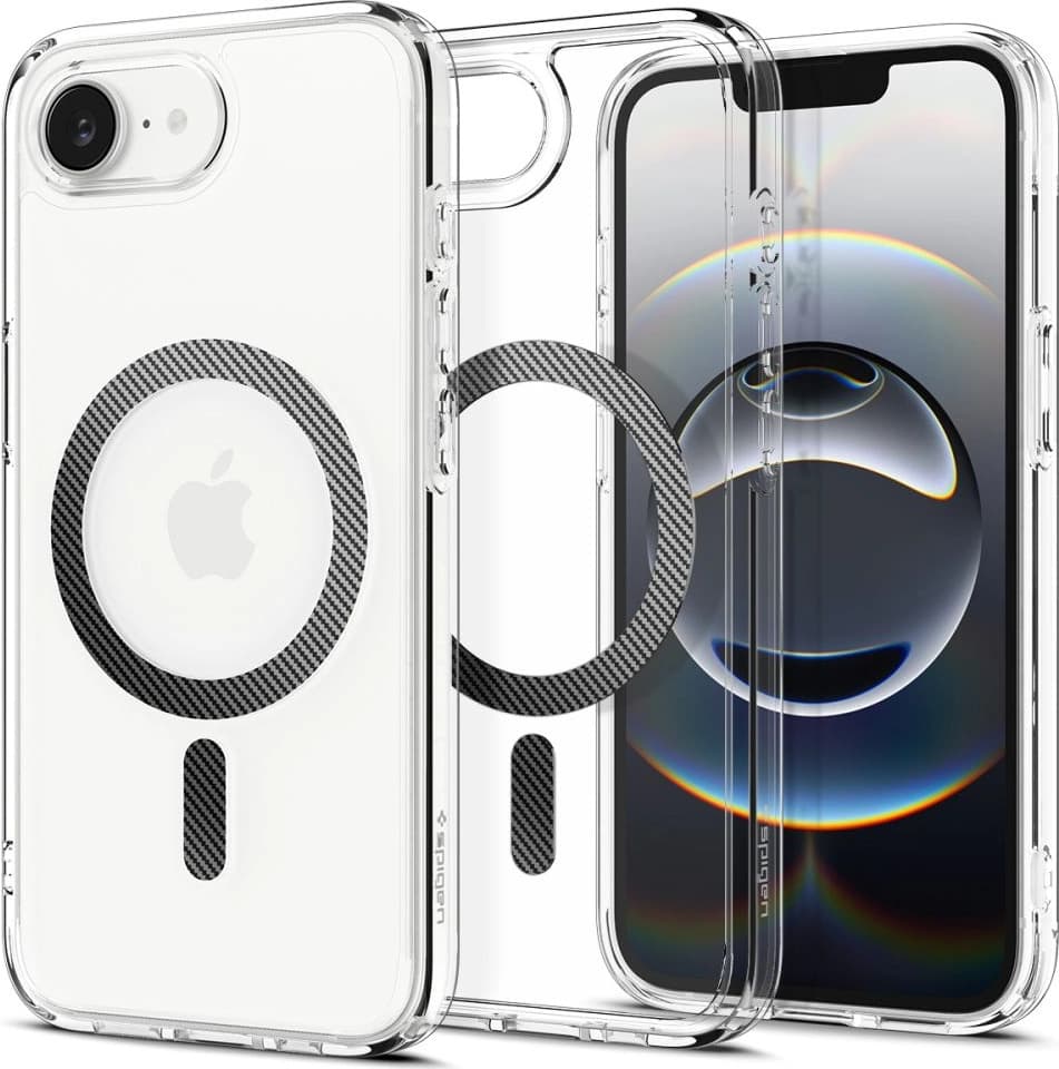 Хибриден кейс с висока степен на защита с MagSafe за iPhone 16e - Spigen Ultra Hybrid MagSafe Case (прозрачен-карбон)