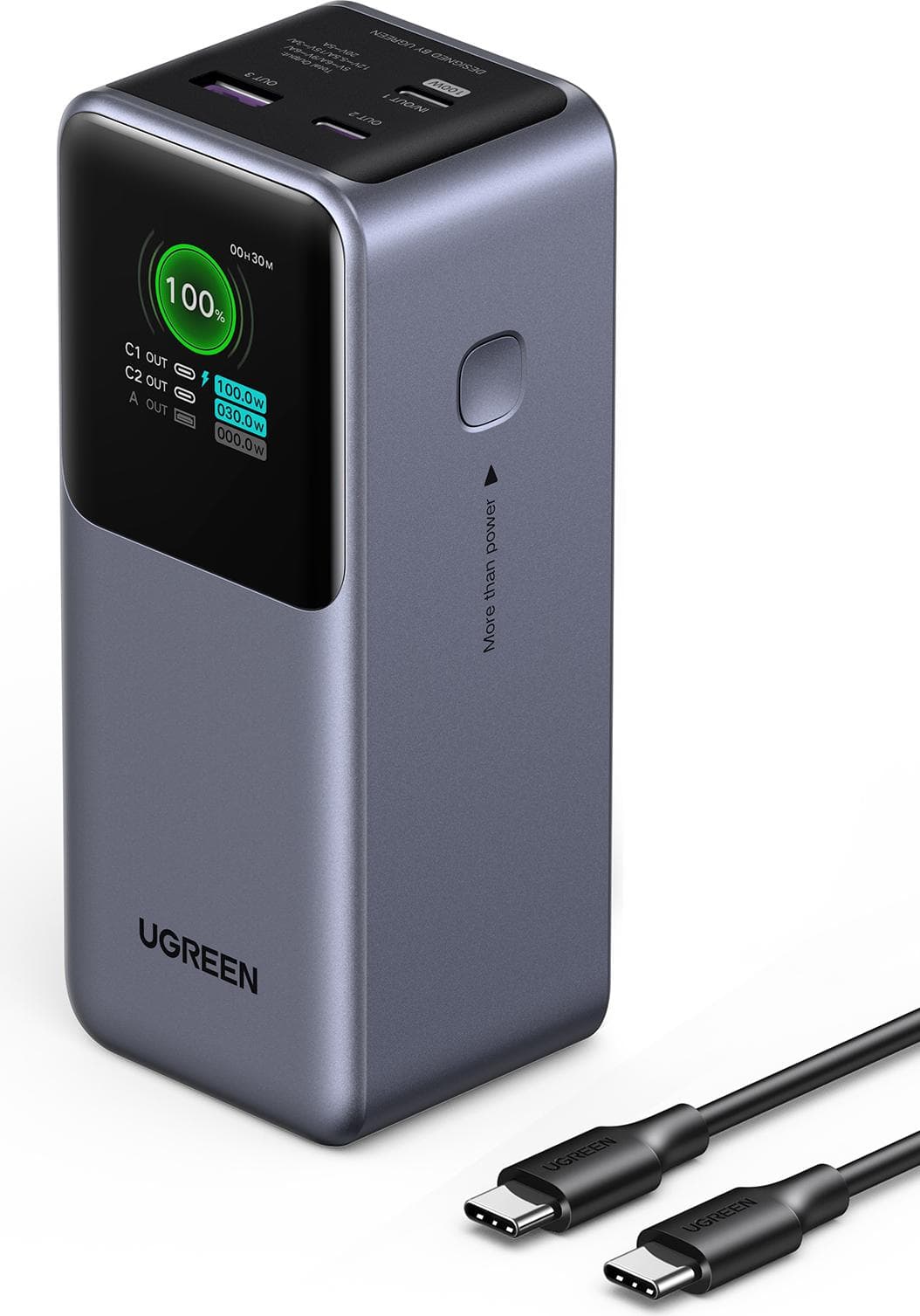 Преносима външна батерия с 2xUSB-C и 1xUSB-A изходи и технология за бързо зареждане - Ugreen Nexode Power Bank 20000 mAh 130W (черен)