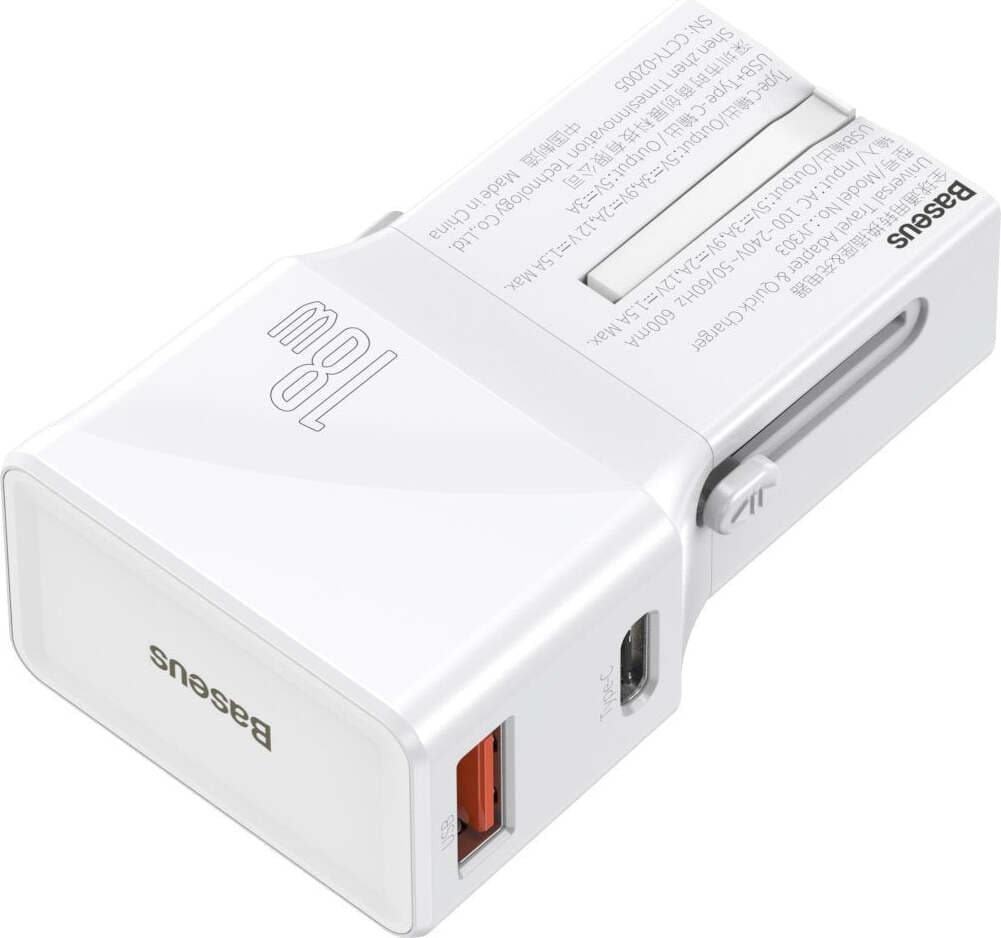Зарядно устройство Baseus CCTY-02, от контакт към USB C(ж) / USB A(ж), 5V, 3A, бяло