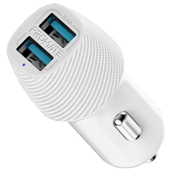 Зарядно за кола Promate VolTrip-Duo Car Charger Dual USB, от автомобилна запалка към 2x USB-A(ж), USB 1: 5V/2.4A; USB 2: 5V/1.0A, бяло