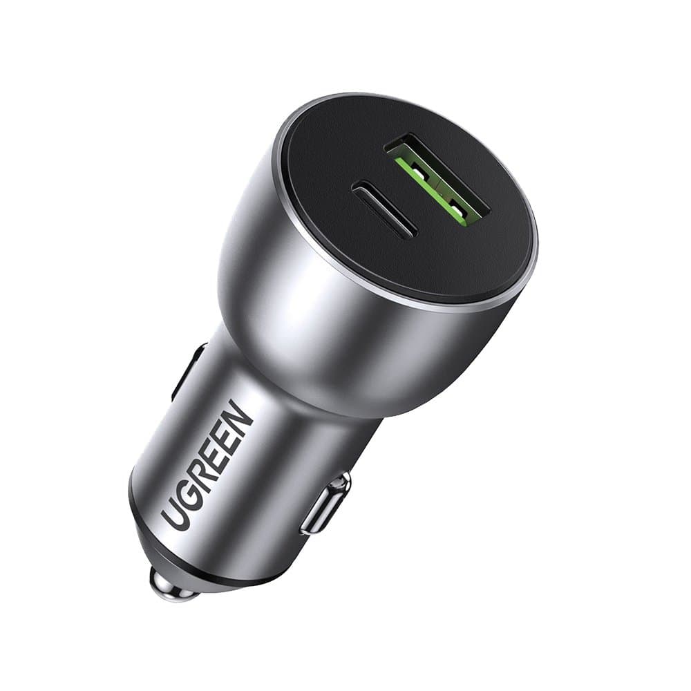Зарядно за кола Ugreen CD213 USB-C & USB-A 36W Fast Car Charger, от автомобилна запалка към 1x USB-A(ж)/1x USB-C(ж), сиво