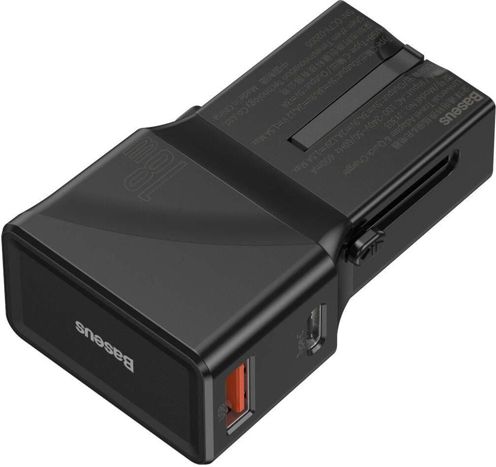 Зарядно устройство Baseus Universal Conversion Plug Wall Charger CCTY-01, от контакт към 1x USB-A(ж)/1x USB-C(ж), 5V/3A, 18W, черен, универсални адаптери