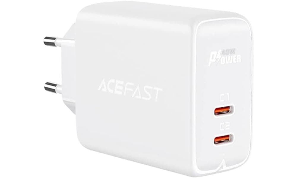 Зарядно устройство Acefast A9PD40W White, от контакт към 2x USB-C(ж), 12V/1.67A, 40W, бяло