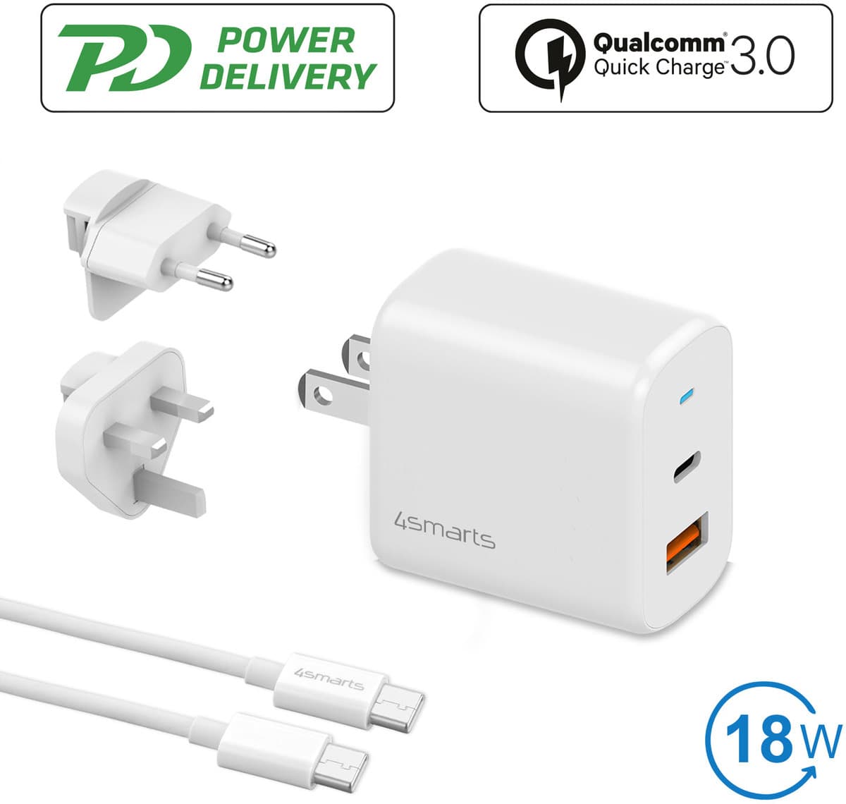 Зарядно устройство 4Smarts Travel Charger Set VoltPlug QC/PD 4S465572, от контакт към 1x USB-A/1x USB-C(ж), 5V/3.6A, 18W, бяло, USB-C към USB-C кабел и адаптори за USA и UK стандарт