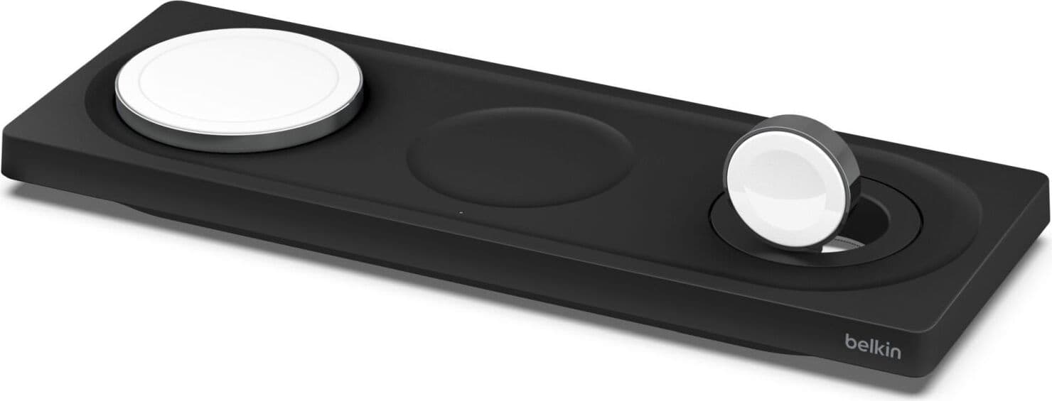 Безжично зарядно устройство Belkin BoostCharge Pro 3-in-1 Wireless Charging Pad, MagSafe технология, поставка за зареждане на смарт часовник Apple Watch, поставка за зареждане на слушалки Apple AirPods, черно