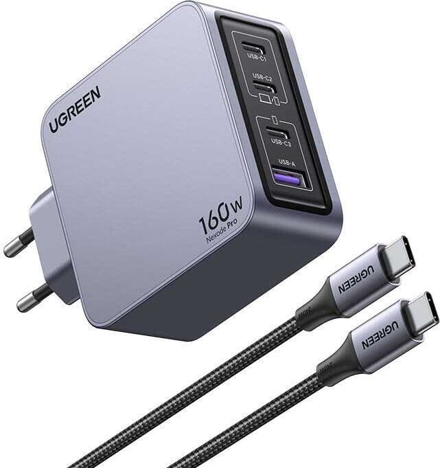 Зарядно устройство Ugreen X763, от контакт към 3x USB C(ж), 1x USB A(ж), сиво, 160W, QC 4.0