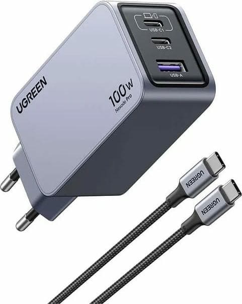 Зарядно устройство Ugreen X757, от контакт към 2x USB C(ж), 1x USB A(ж), сиво, 100W, QC 4.0