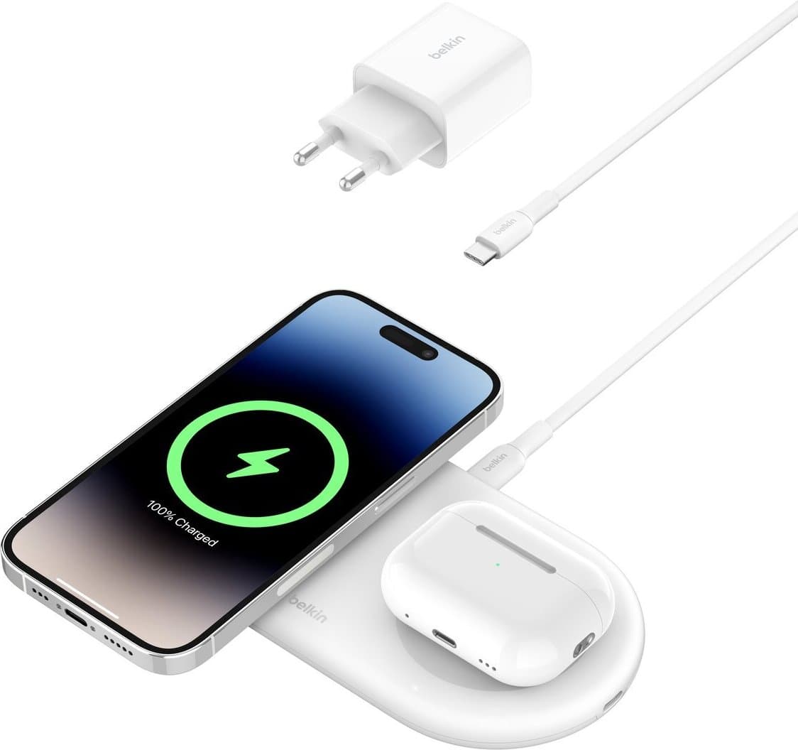 Безжично зарядно Belkin BoostCharge Pro 2-in-1 (WIZ021vfWH), от USB-C(ж) към безжично зареждане, USB-C(ж), 15W, бяло, Qi2