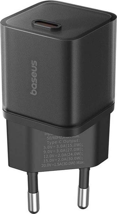 Зарядно устройство Baseus GaN5S (P10162504113-00), от контакт към USB-C(ж), 5V/3A, черно, 30W PD