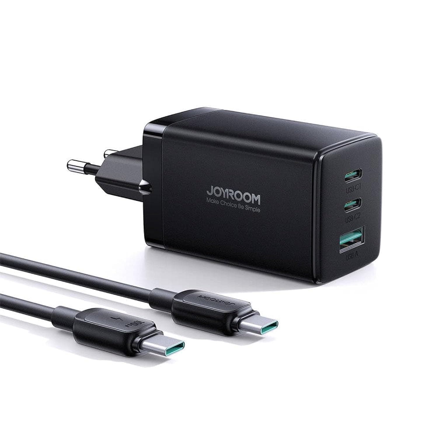 Зарядно устройство Joyroom TCG01, от контакт към 2x USB-C(ж), 1x USB-A(ж), 20V/3.25A, черно, 65W, кабел от USB-C(м) към USB-C(м)