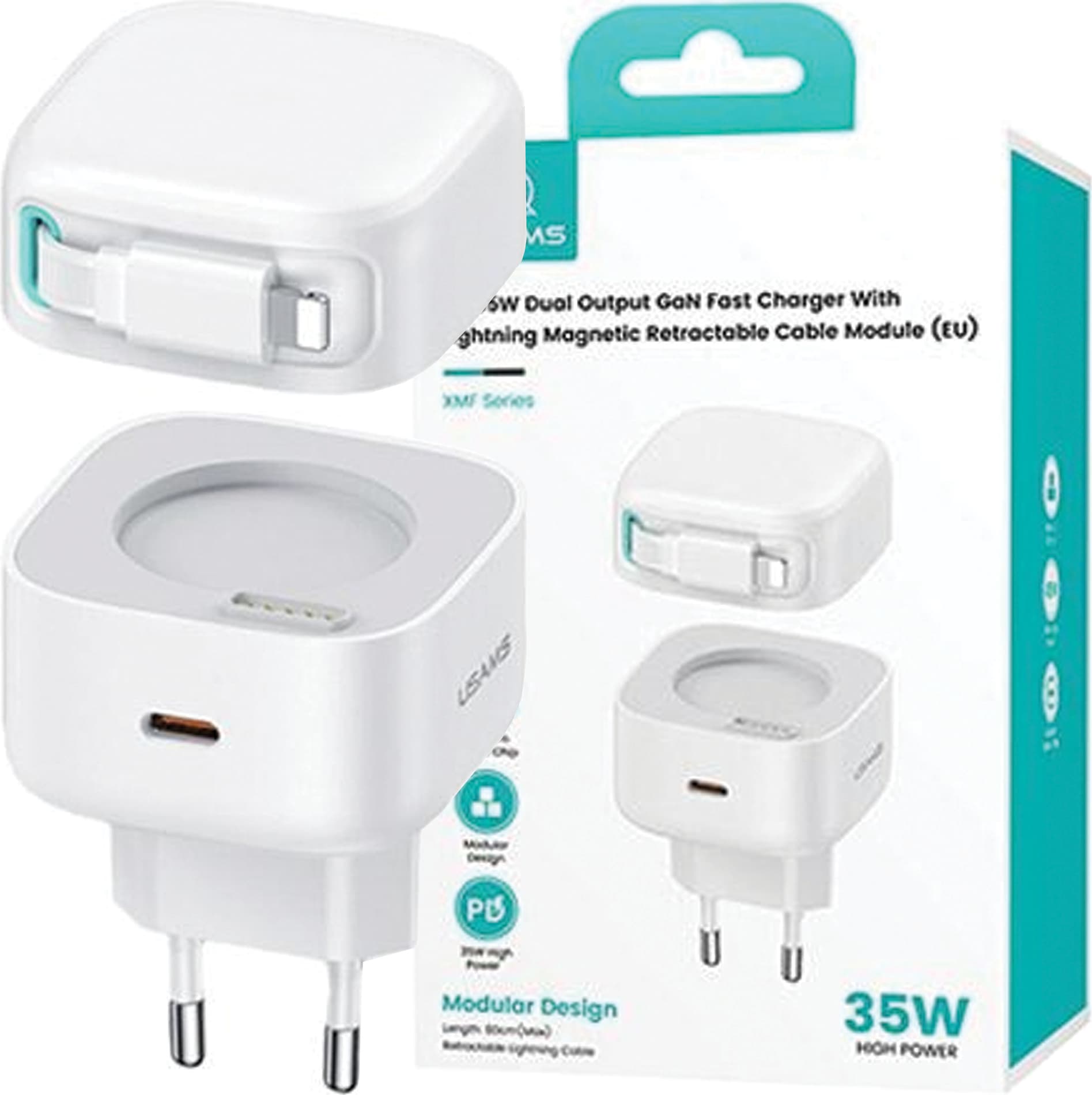 Зарядно устройство Usams US-CC202, от контакт към 1x USB-C(ж), 1x Lightning(м), 20V/1.75A, бяло, 35W