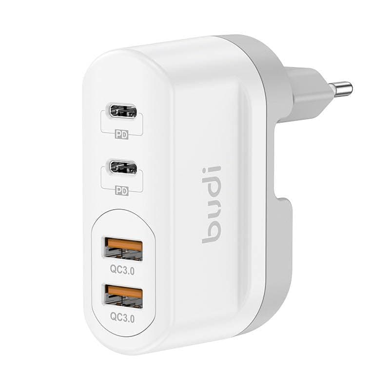 Зарядно устройство Budi 326TQE, от контакт към 2x USB-C(ж), 2x USB-A(ж), 12V/1.67A, бяло, 40W