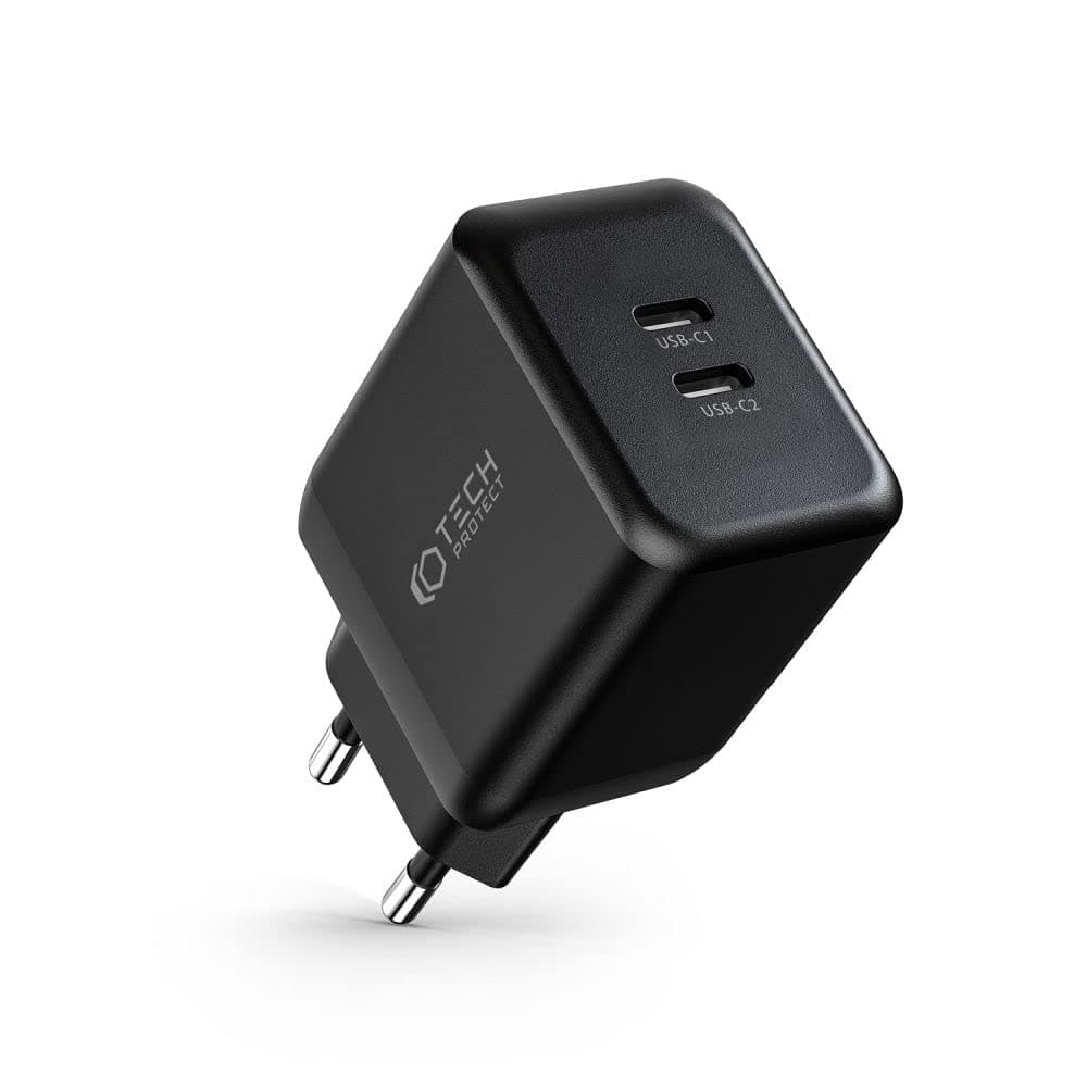 Зарядно устройство Tech-Protect THP1456, от контакт към 2x USB-C(ж), 20V/1.75A, черно, PD 3.0