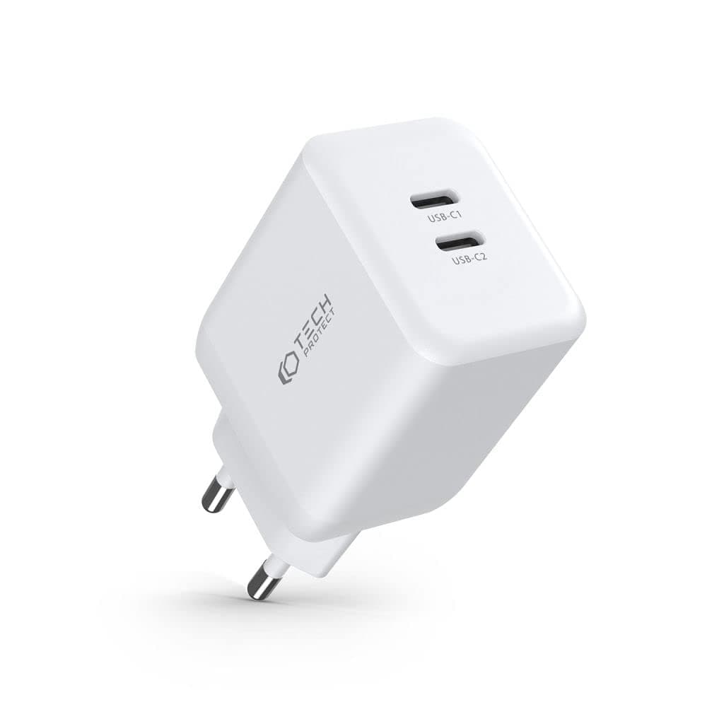 Зарядно устройство Tech-Protect THP1457, от контакт към 2x USB-C(ж), 20V/1.75A, бяло, PD 3.0