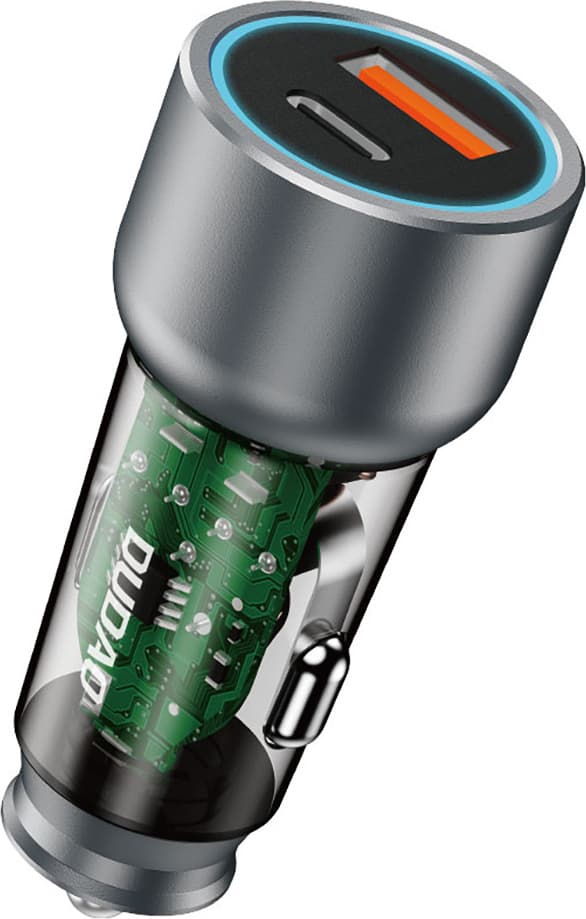 Зарядно устройство Dudao R4T, за кола, от автомобилна запалка към 1x USB-C(ж), 1x USB-A(ж), 12V/2.1A, прозрачно, PD 3.0