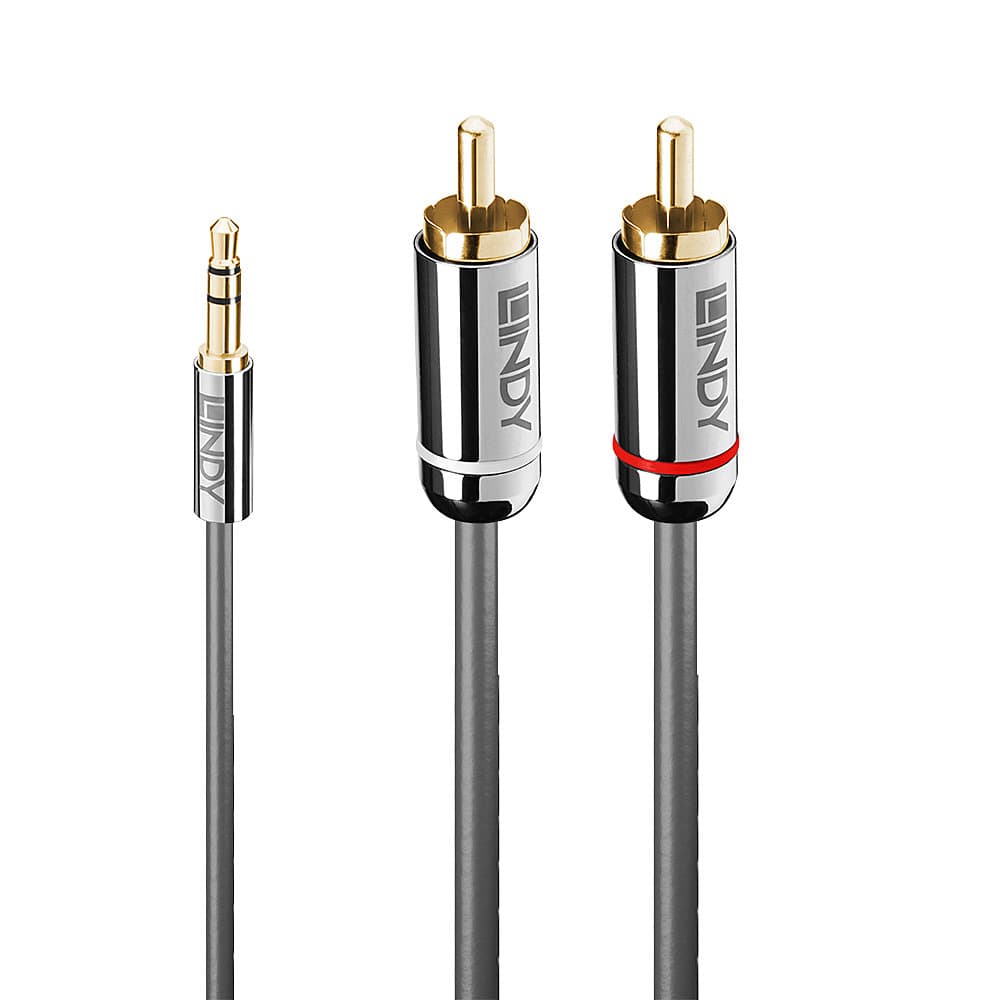 Кабел Lindy LNY-35337, от 3.5mm жак(м) към 2x RCA чинч(m), 10m, сив