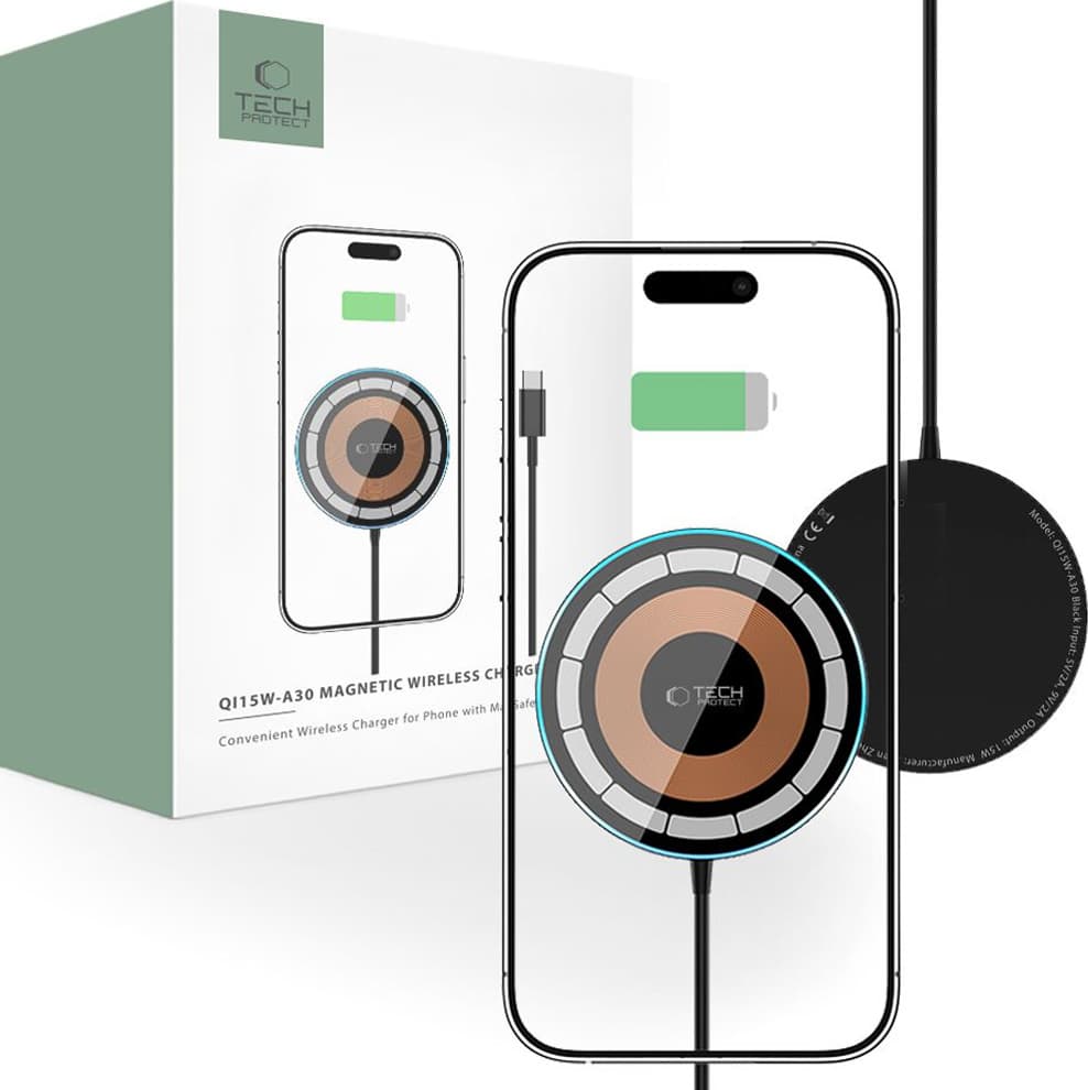 Безжично зарядно Tech-Protect Qi15W-A30, от USB-C(м) към безжично зареждане, 9V/2A, черно