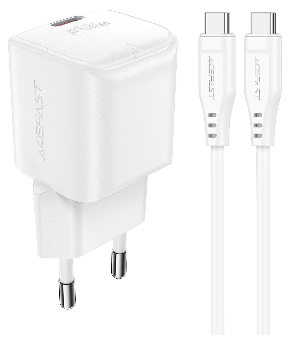 Зарядно устройство Acefast A73 mini, от контакт към 1x USB-C(ж), 12V/1.67A, бяло, 20W, QC 4+, кабел от USB-C(м) към USB-C(м)