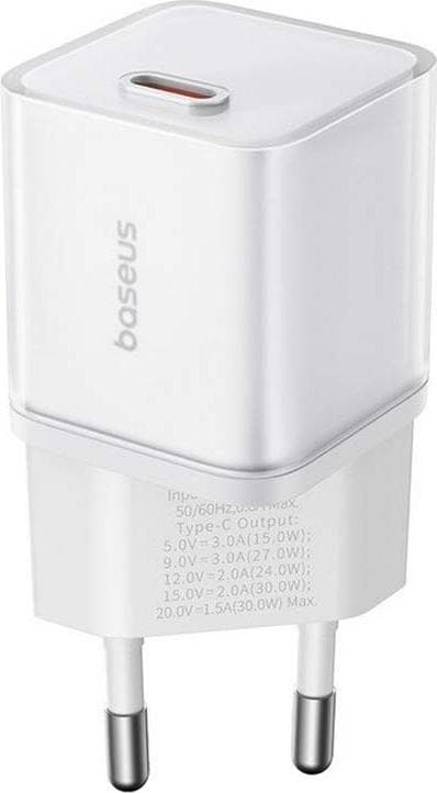 Зарядно устройство Baseus GaN5S Fast Charger 1C, от контакт към USB C(ж), 30W, бяло