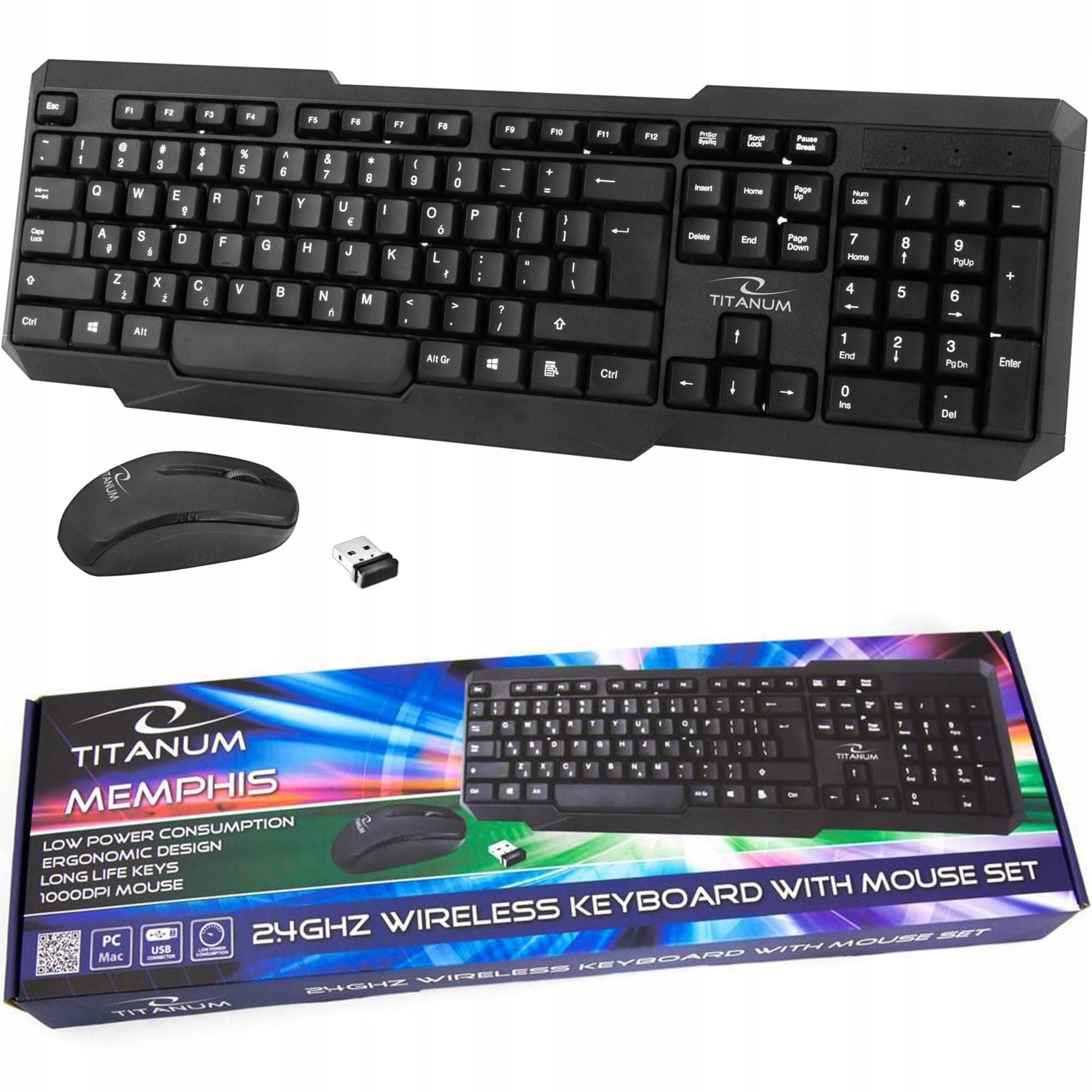 Комплект клавиатура и мишка Esperanza Titanum Memphis (TK108), безжични, оптична (1000 dpi), USB, черни