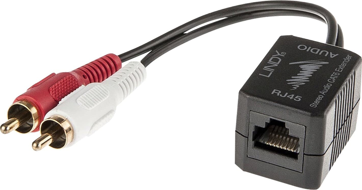 Кабел Lindy 70450, от RJ-45 Cat. 5/6(ж) към 2x RCA(м), черен, удължителен, изпраща аналогов звук на 500 метра през стандартен мрежов кабел