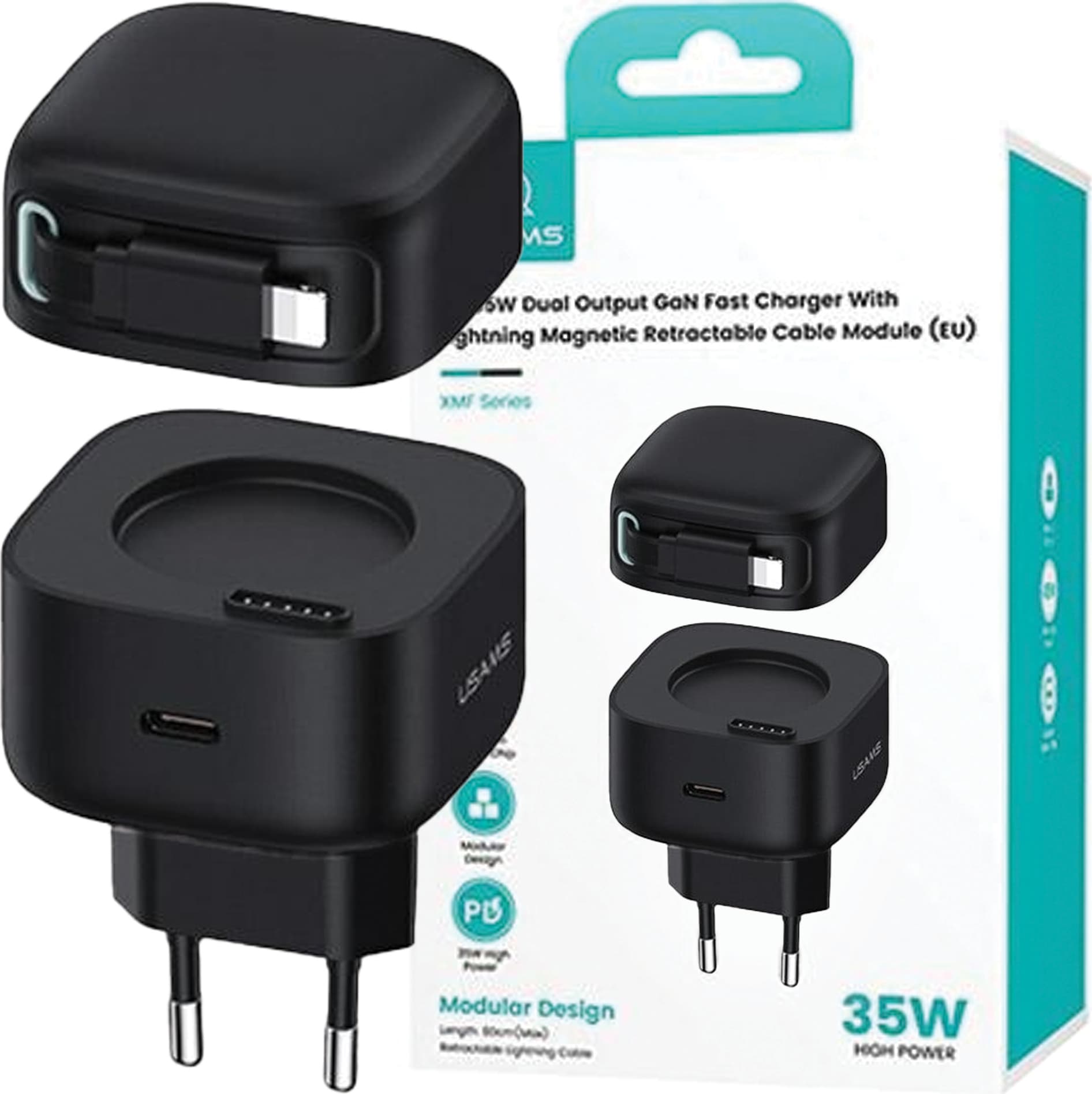Захранване за ел. мрежа с USB-C изход и вграден Lightning кабел - Usams GaN Wall Charger With Magnetic Retractable Lightning Cable 35W (черен)