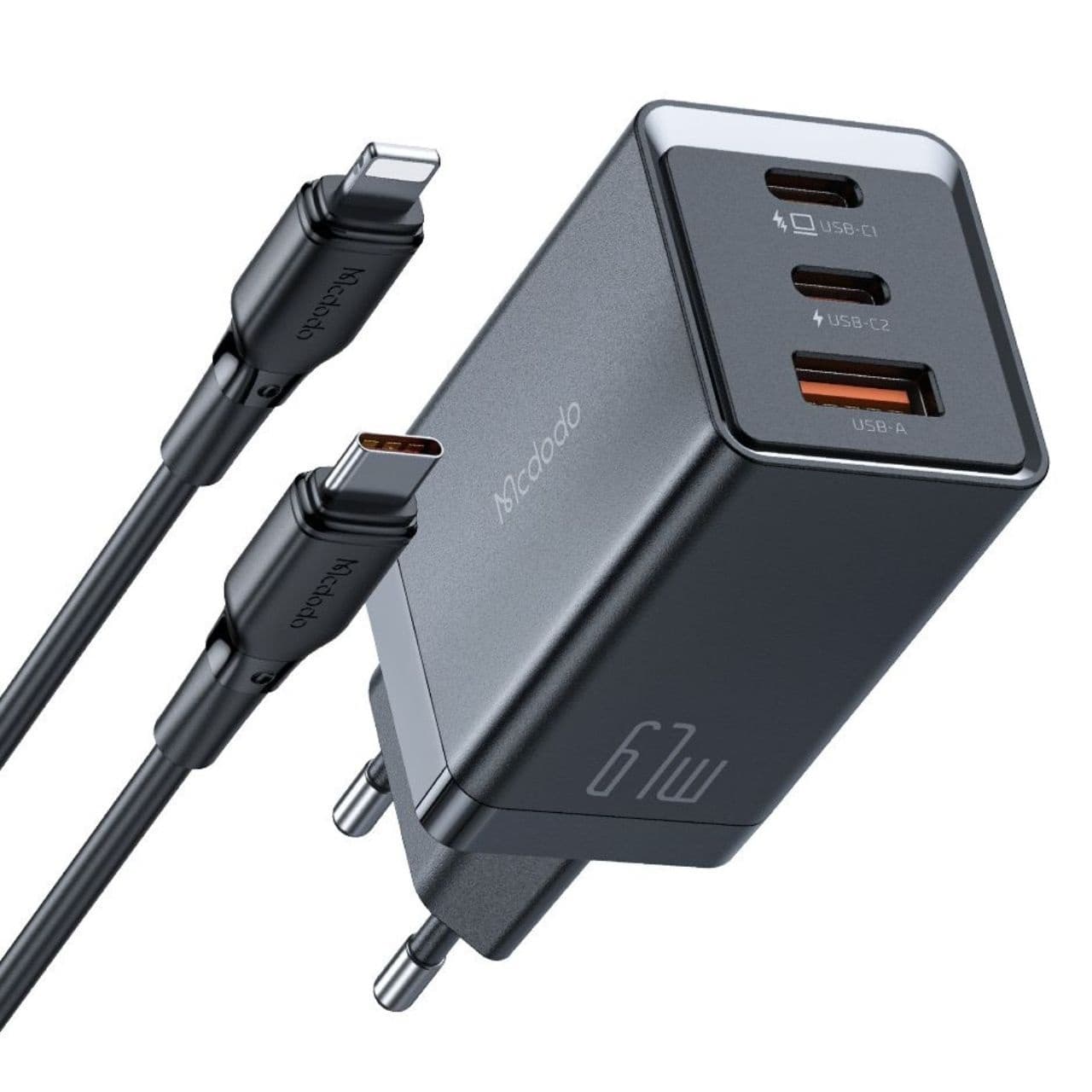 Захранване за ел. мрежа за лаптопи, смартфони и таблети с USB-A и 2xUSB-C изходи с технология за бързо зареждане и USB-C към Lightning кабел - Mcdodo GaN Fast Wall Charger 67W (CH-1544) (черен)