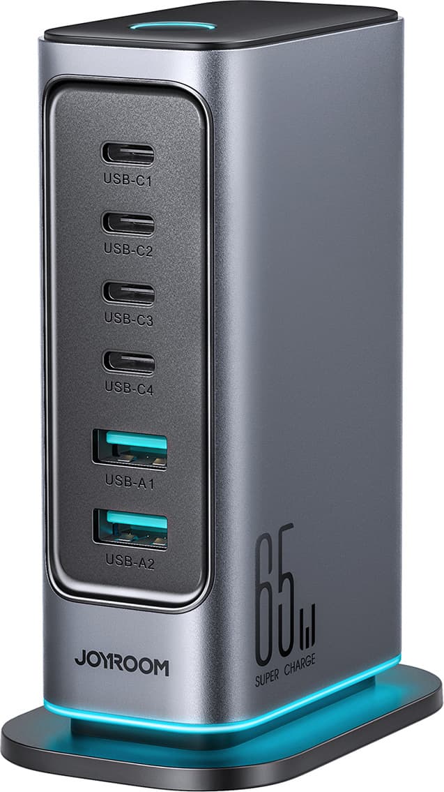 Захранване за ел. мрежа за лаптопи, смартфони и таблети с 2xUSB-A и 4xUSB-C изходи с технология за бързо зареждане и USB-C кабел (тъмносив) - Joyroom GaN Fast Desktop Charger 65W