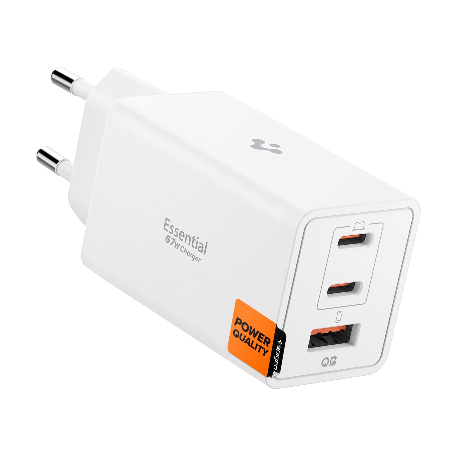 Захранване за ел. мрежа за лаптопи, смартфони и таблети с USB-A и 2xUSB-C изходи с технология за бързо зареждане - Spigen Essential GaN Fast Wall Charger 67W (EE673EU) (бял)