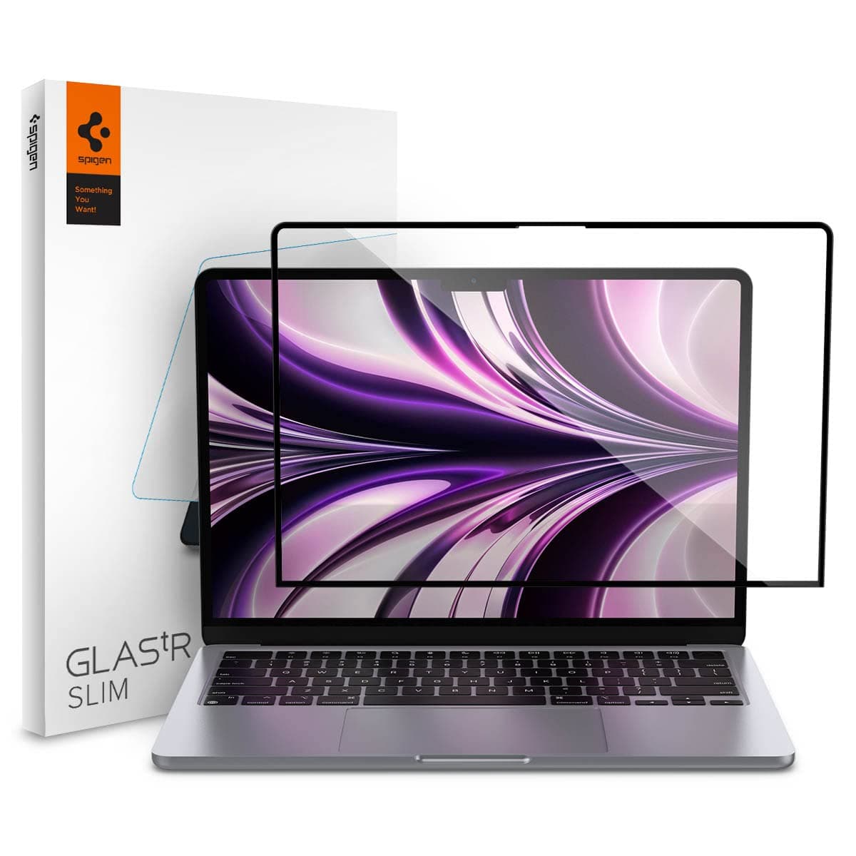 Висококачествено стъклено защитно покритие за целия дисплей на MacBook Air 13 M2 (2022) - Spigen Tempered Glass GLAS.tR (черен-прозрачно)