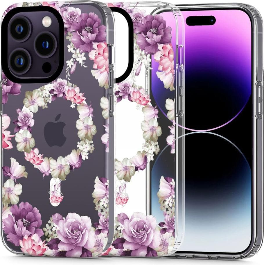 Калъф за Apple iPhone 14 Pro Max, хибриден (термополиуретан и поликарбонат), Tech-Protect Magmood Rose Floral Hybrid MagSafe, удароустойчив, прозрачен