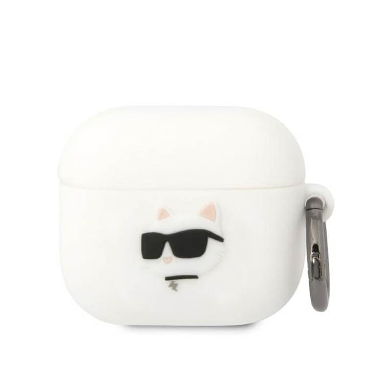 Силиконов калъф с карабинер за Apple AirPods 3 - Karl Lagerfeld AirPods 3 3D Logo NFT Choupette Head Silicone Case (бял)