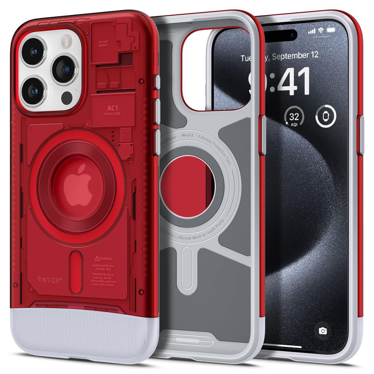 Калъф за Apple iPhone 15 Pro, хибриден (термополиуретан и поликарбонат), Spigen ACS06744, удароустойчив, червен