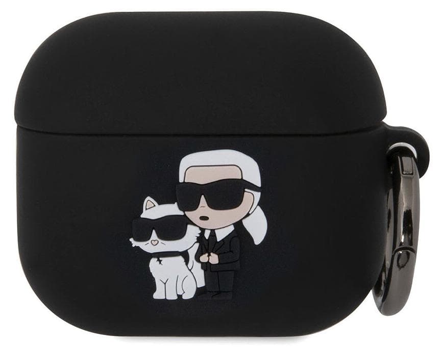 Силиконов калъф с карабинер за Apple AirPods 3 - Karl Lagerfeld AirPods 3 3D Logo NFT Karl and Choupette Silicone Case (черен)