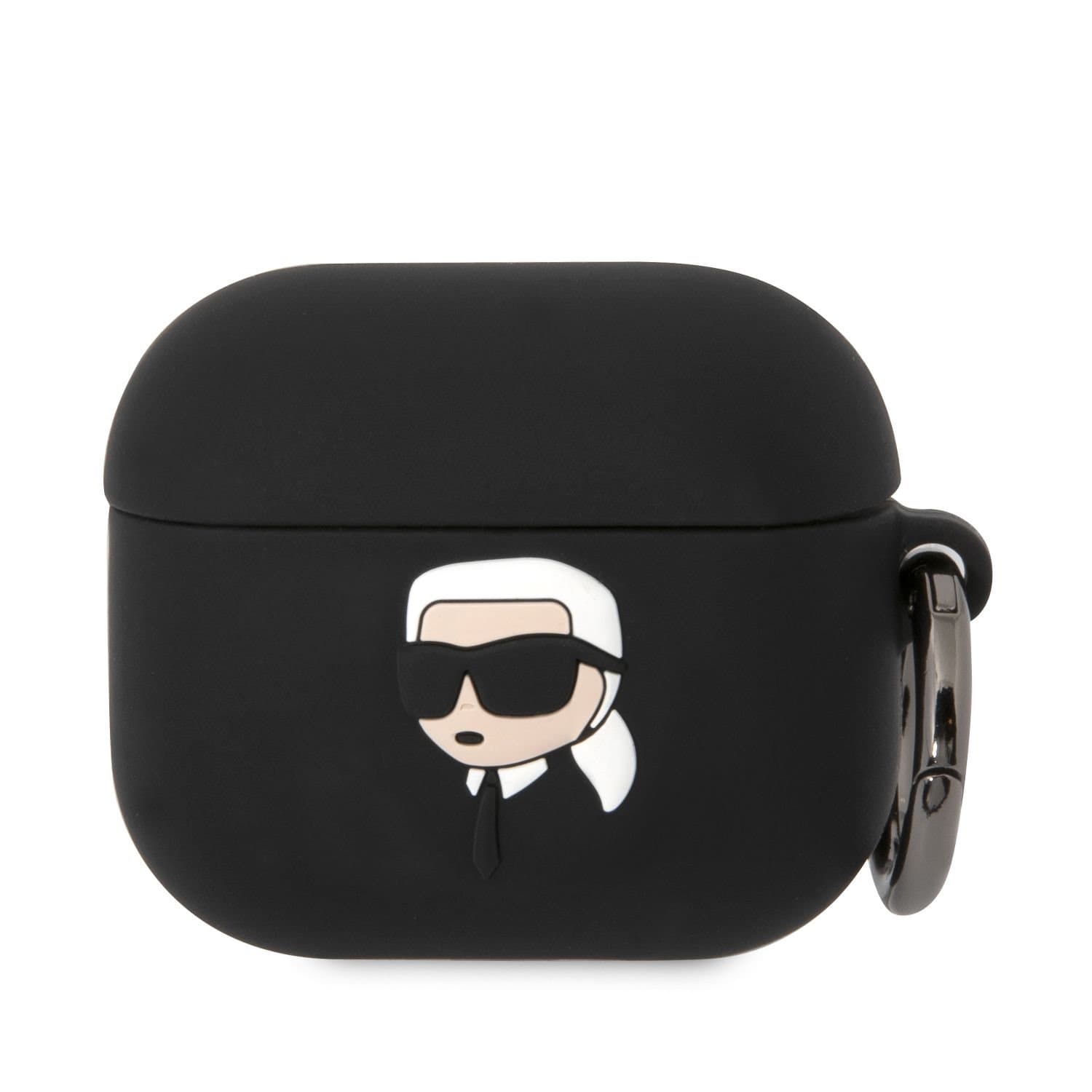Силиконов калъф с карабинер за Apple AirPods 3 - Karl Lagerfeld AirPods 3 3D Logo NFT Karl Head Silicone Case (черен)