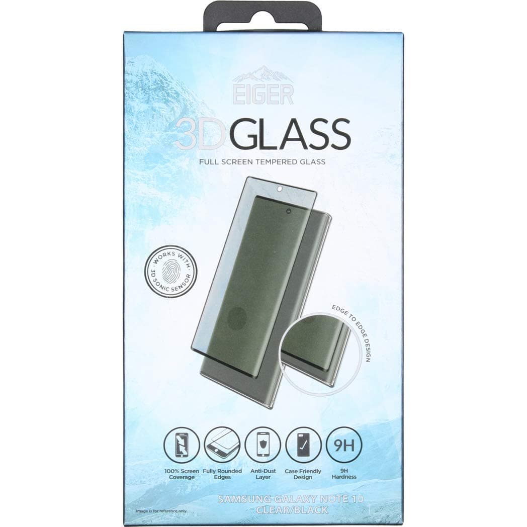Протектор от закалено стъкло /Tempered Glass/ Eiger за Samsung Galaxy Note 10, защитно покритие с извити ръбове на целия дисплей, черен-прозрачен