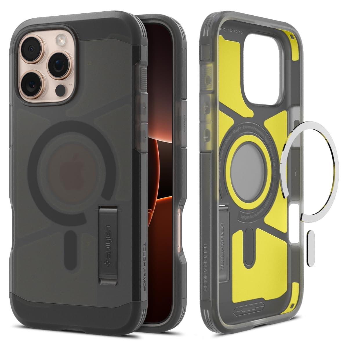 Калъф за Apple iPhone 16 Pro, хибриден (термополиуретан и поликарбонат), Spigen Tough Armor MagSafe, удароустойчив, черен