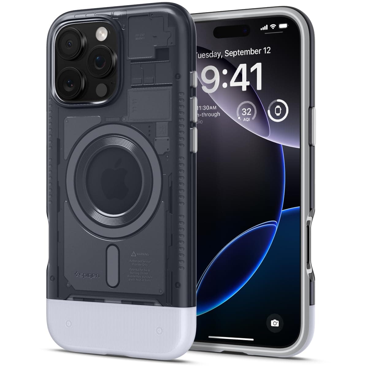 Калъф за Apple iPhone 16 Pro Max, хибриден (термополиуретан и поликарбонат), Spigen Classic C1 MagSafe Case, удароустойчив, сив