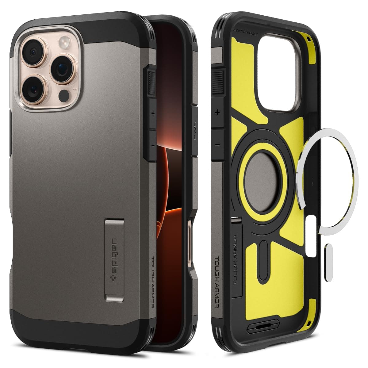 Калъф за Apple iPhone 16 Pro Max, хибриден (термополиуретан и поликарбонат), Spigen Tough Armor MagSafe, удароустойчив, сив