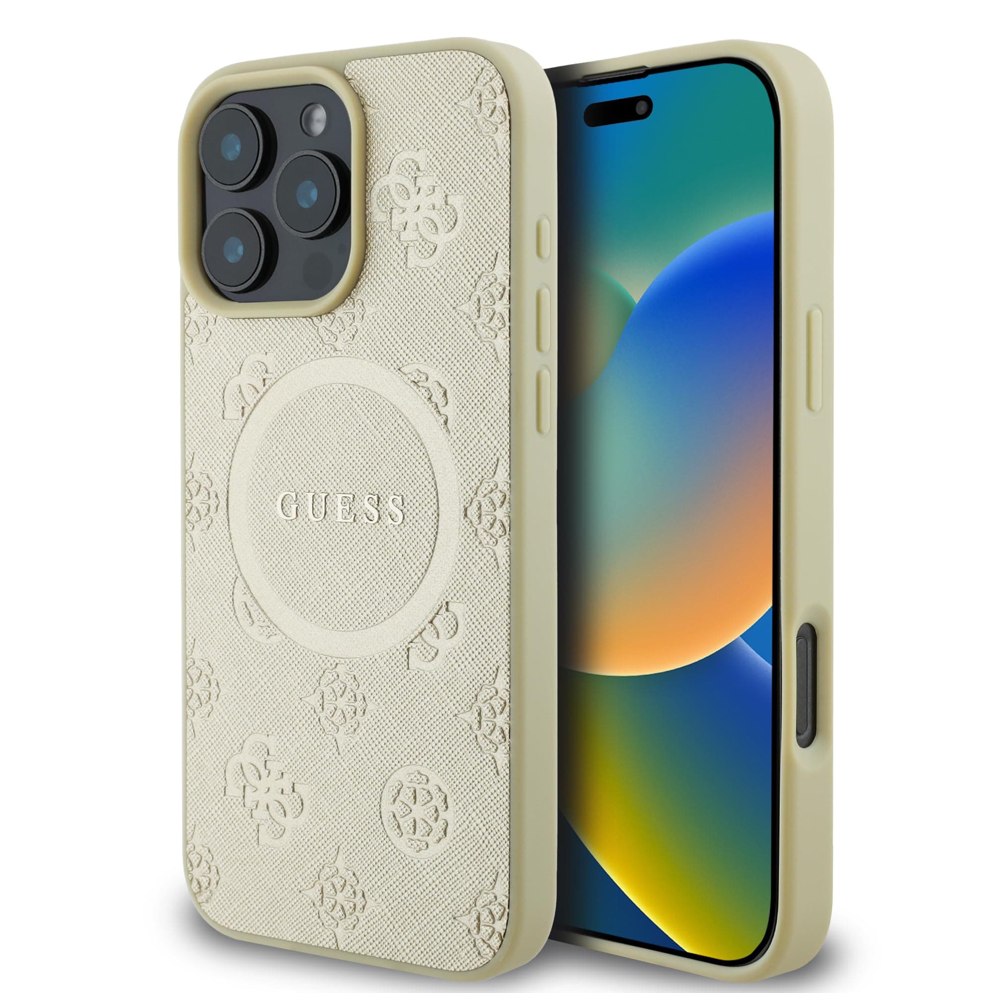 Калъф за Apple iPhone 16 Pro, хибриден (термополиуретан и полиуретан), Guess PU Saffiano Peony Stamp MagSafe Leather Hard Case, удароустойчив, златист