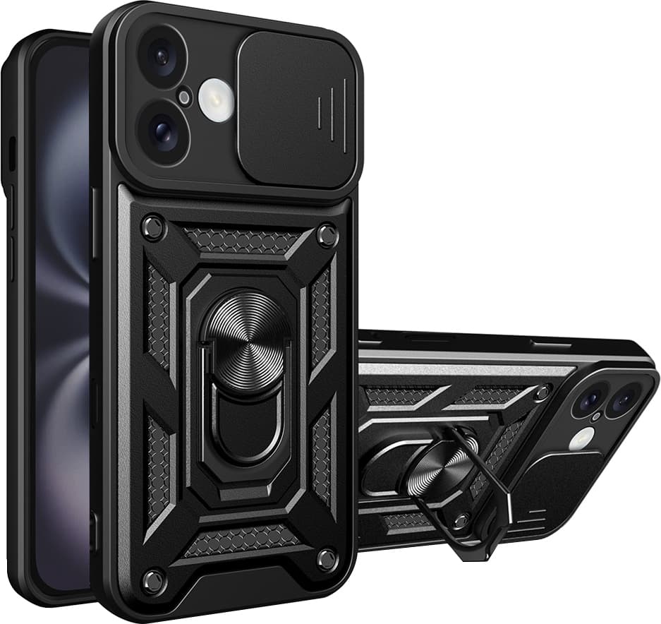 Калъф за Apple iPhone 16 Plus, хибриден (термополиуретан и поликарбонат), Techsuit CamShield Case, удароустойчив, с пръстен, черен