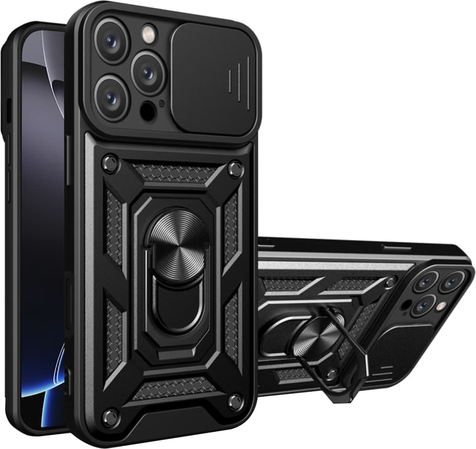 Калъф за Apple iPhone 16 Pro Max, хибриден (термополиуретан и поликарбонат), Techsuit CamShield Case, удароустойчив, с пръстен, черен