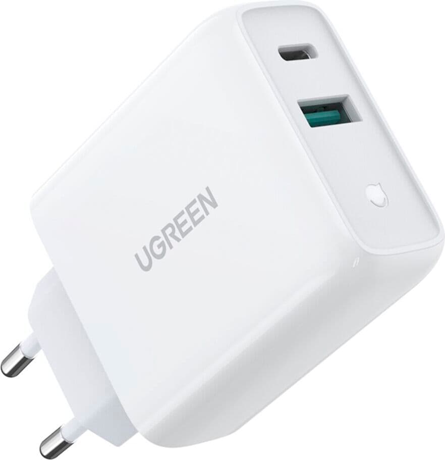 Зарядно устройство Ugreen 60468, от контакт към 1x USB-A(ж)/1x USB-C(ж), 20V/1.8A, бяло, QC 3.0