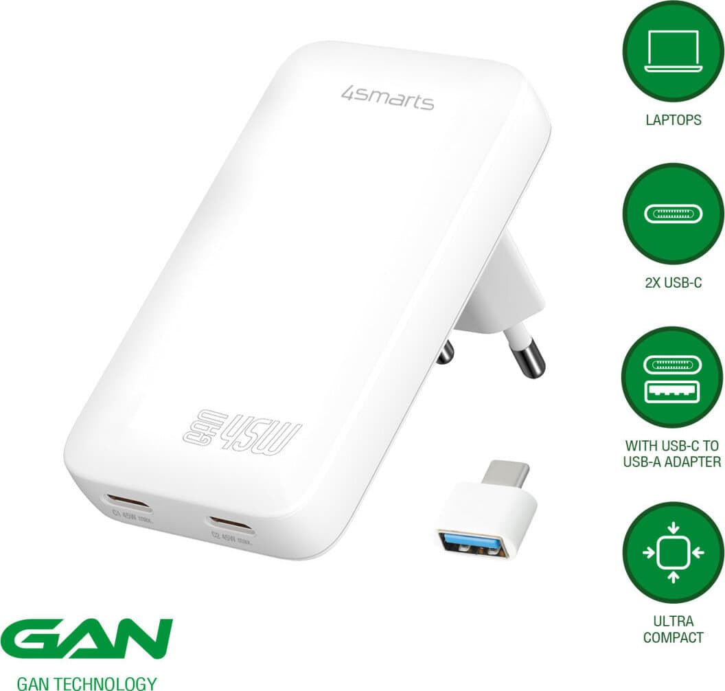 Зарядно устройство 4smarts GaN FlatPlug Slim Duos, от контакт към 2x USB C(ж), 20V/2.25A, бяло, 45W, QC 3.0
