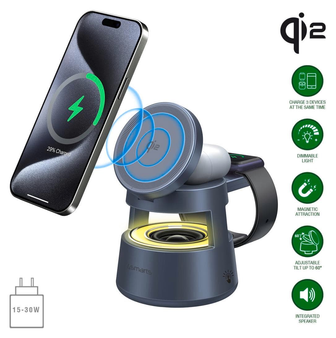 Безжично зарядно 4smarts Qi2 Aura Sound, тройна поставка за безжично зареждане Qi2, 9V/3A, сиво, 5W високоговорител