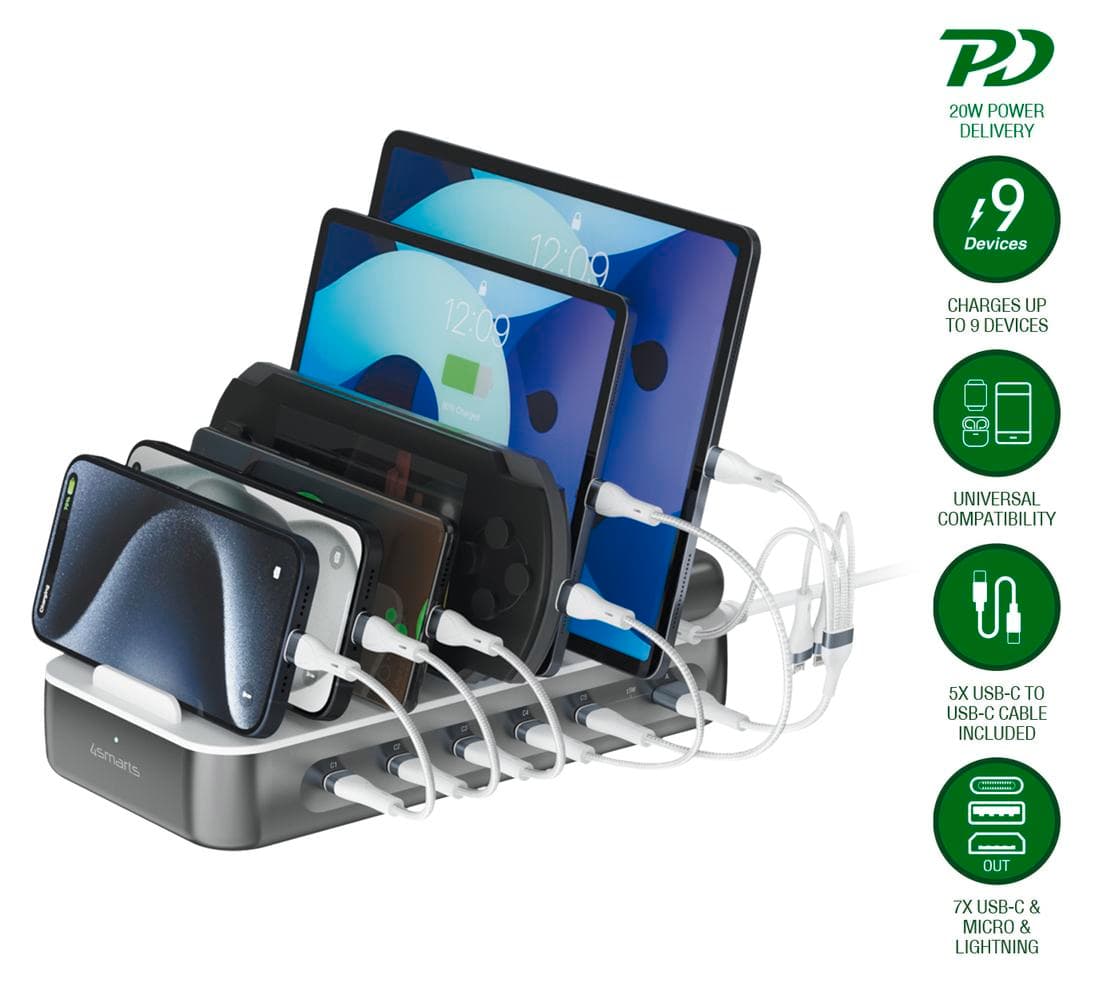 Зарядно устройство 4smarts 541277, от контакт към 5x USB C(ж), 1x USB A(ж), 12V/1.67A, сиво, 20W