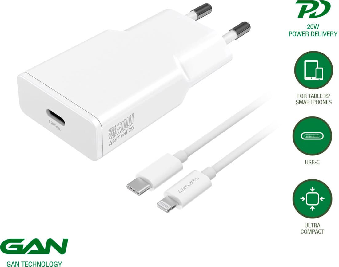 Зарядно устройство 4smarts 540020, от контакт към 1x USB C(ж), 12V/1.67A, бяло, 20W, кабел от USB C(м) към Lightning(м)